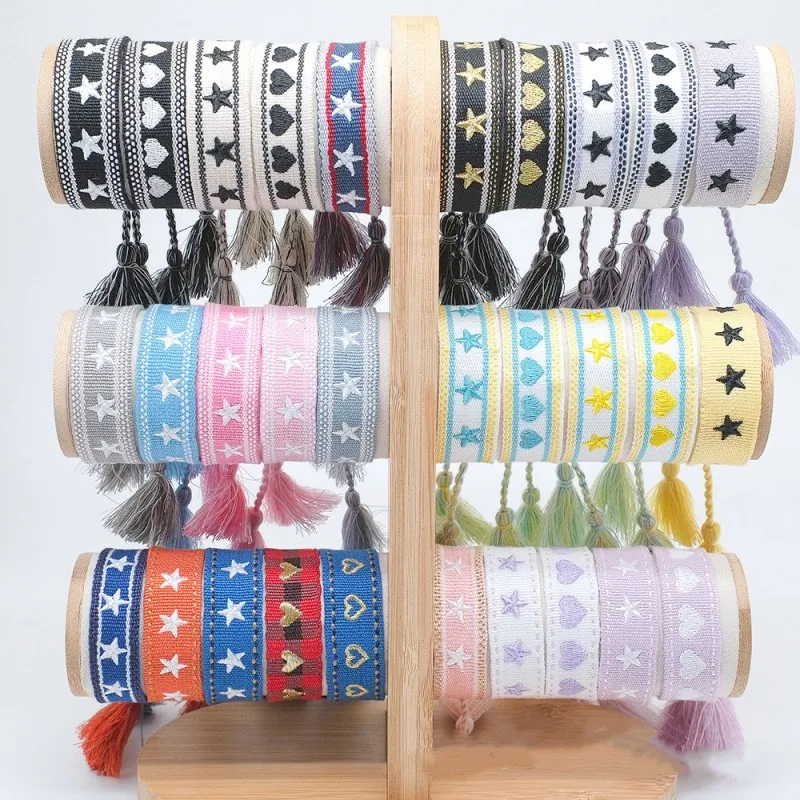 Ethnic Fashion Logo - โบฮีเมียสไตล์ชาติพันธุ์เย็บปักถักร้อย Star โลโก้สร้อยข้อมือผู้หญิง Handmade ทอพู่สายรัดข้อมือแฟชั่นเครื่องประดับขายส่ง