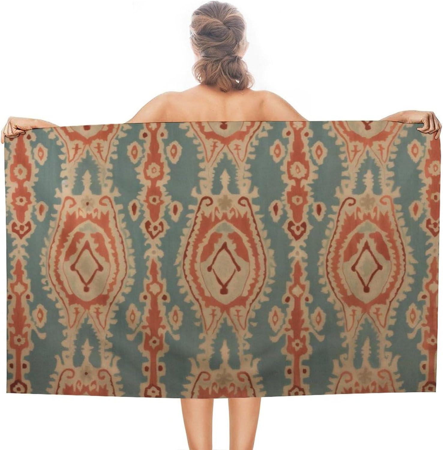 Ikat Woven Fabric - ผ้าขนหนูชายหาดลายผ้าฝ้าย ซึมซับได้ดี ขนาดกะทัดรัด ไม่ซีดจาง ผ้าขนหนูอาบน้ำ ผ้าขนหนูปิกนิกสไตล์อิคัต